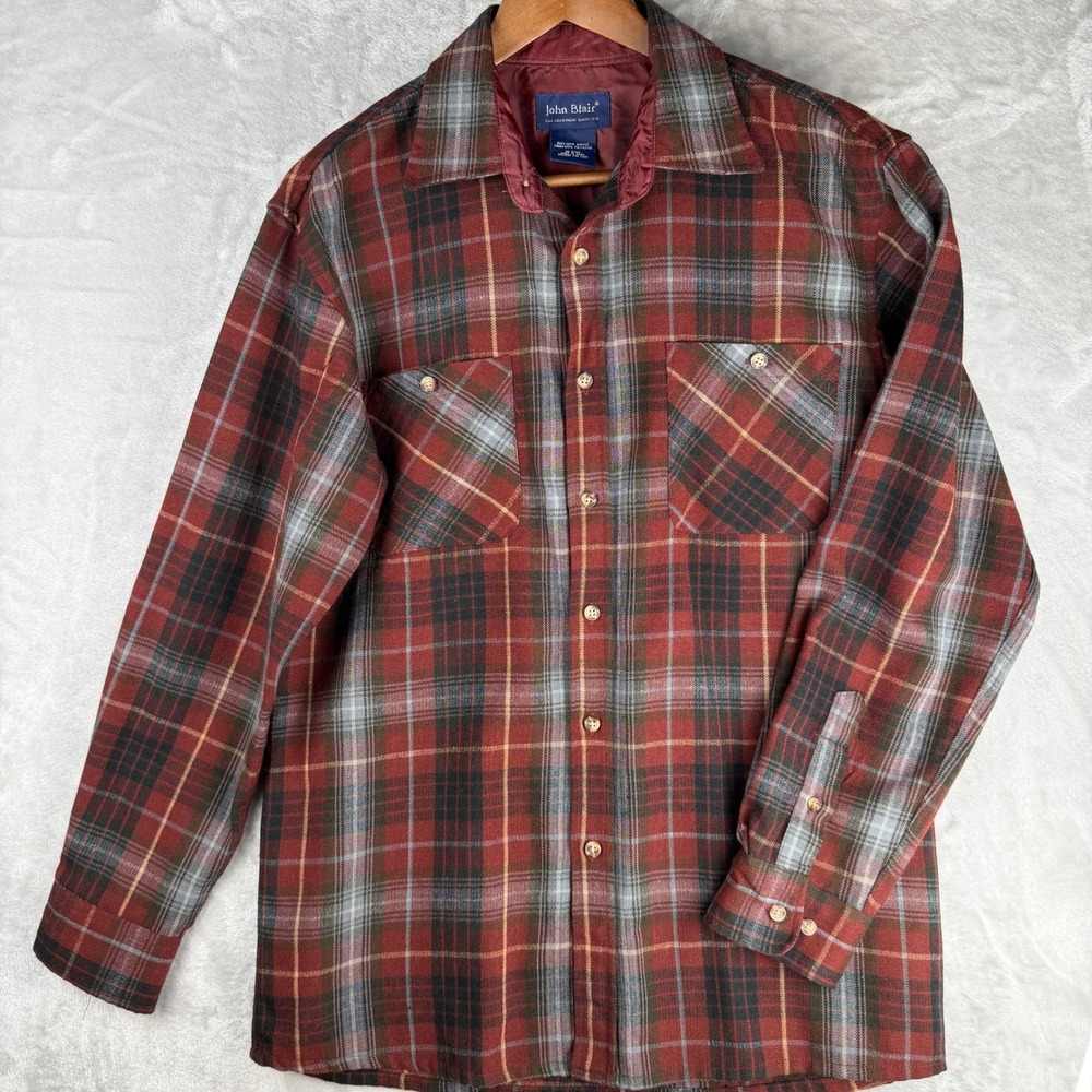 Mens Plaid Flannel Long Sleeve burgundy John Blair  Button Up Shirt small